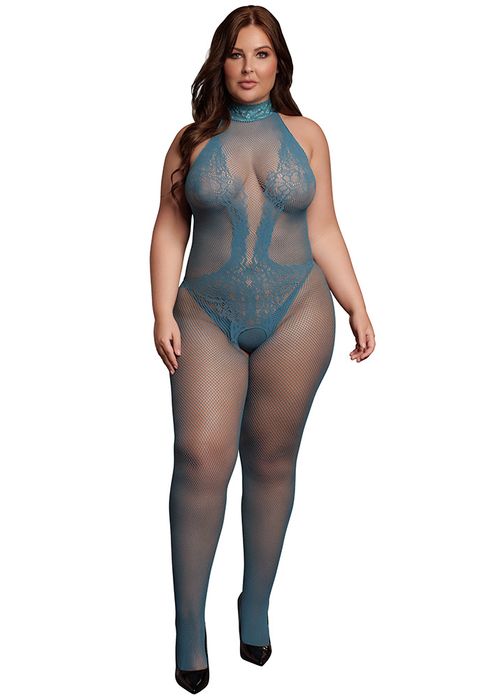 High neck fishnet and lace bodystocking, blue - Queen Size