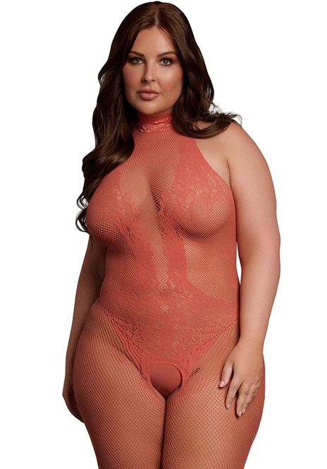Huvudbild High neck fishnet and lace bodystocking, red - ...